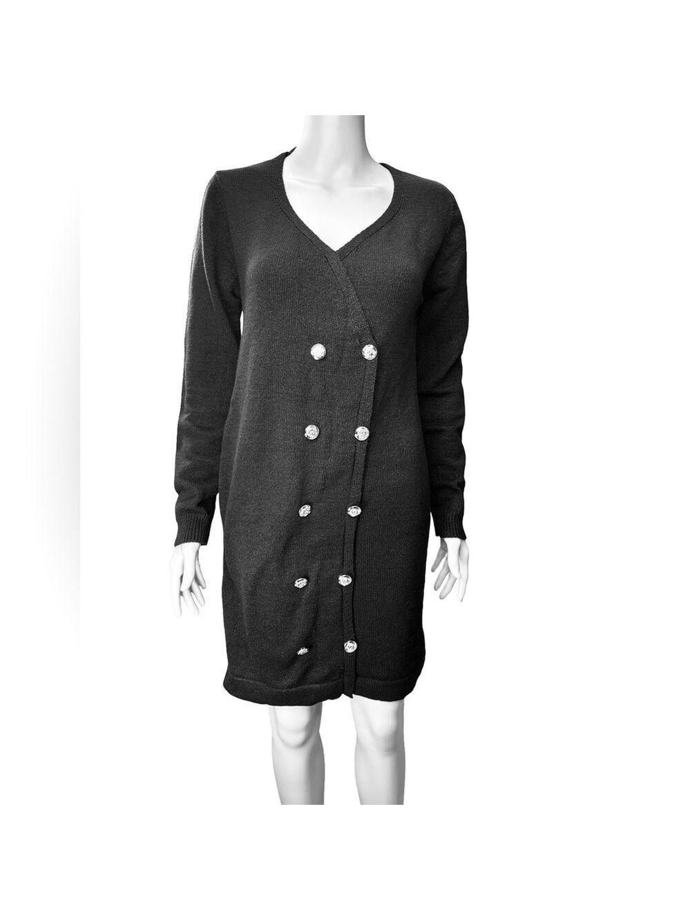 Black Double-Breasted Sweater Dress Long Sleeves Large SHEIN